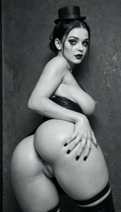 Provocative Mime, (Black & White), Asian model, large firm breasts, straight black hair in a tight "banana" bun with a mini bowler hat. Face painted white with strong geometric eyeliner and black heart-shaped mouth. Wearing a strapless textured black leather top and a white tulle mini skirt, with black suspenders crossing her bust. She is striking a "silence" pose, leaning against an invisible wall., (giant breasts:1), (perfect pussy:1.7), (big ass:1.5)