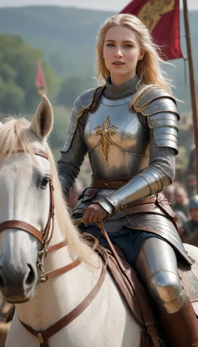 Ultrarealistic Photography, high-resolution, photorealistic image, wallpaper, 8k, full front view, happy, joan of ark, longe blonde hair, 20 yo, wearing an armor, visible chests, large gallic belt, pending at belt gallic sword, riding a horse, medieval tournament background with holy virgin banners