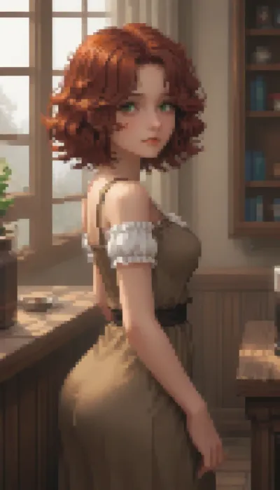 Pixel art stylized as a tired twenty‑year‑old girl, long curly red hair, green eyes, a round butt, medium breasts, average height, a tired face, she’s looking at the camera, wearing a brown medieval dress, in a tavern.

Retro‑style pixel aesthetic, soft halftone shades, bright colours — sprite style inspired by 16‑bit graphics, pixel art., Pixel, Art, PixArFK, <lora:PixelArtRedmond-Lite64:1.8>, <lora:pk_trainer_xl_v1:1.8>, <lora:pixel-art-xl-v1.1:1.5>