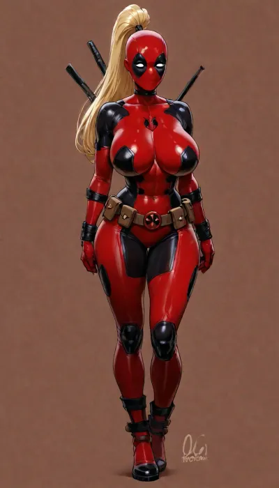 (Genderbent Deadpool:1.6), busty female body, large breasts, hourglass figure, blonde hair in high ponytail, tight shiny red and black latex full body suit with white accents, deadpool mask, utility belt, high-heeled boots
