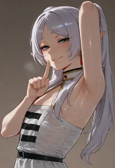 (ratatatat74 style), Frieren, flat chest, smug smile, dressed, solo, armpit fetish, sweaty, looking at viewer, shushing, side view, (simple background), <lora:ratatatat74-000050:2>