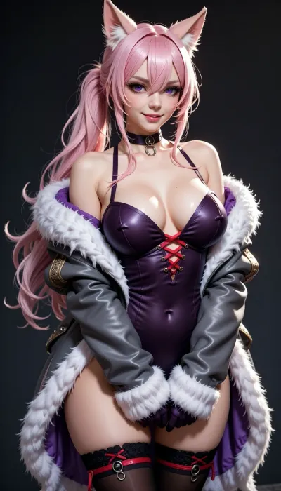 A stylized adult anime woman with a curvy build, pale skin, long voluminous pink hair tied into a low side ponytail, layered bangs, and pointed animal-like ears. She has large violet eyes and a playful, confident smile, and faces the viewer with her shoulders slightly angled. She wears a dark choker with a small metal ring, a revealing dark plum strapless corset with red crisscross lacing at the center, and an oversized open gray jacket trimmed with thick white and lavender fur around the shoulders, sleeves, and cuffs. Black thigh-high stockings with red lace-up details and small metal rings complete the outfit, her hands are mostly hidden inside the long sleeves.