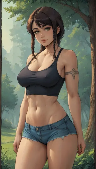 (((Melkor mancin mix gavatino mix cutesexyrobutts style))), reiq style, masterpiece, super ultra detailed, super high resolution, (perfect small details, perfect quality, ultra perfect quality, perfect detailing), lora, add-detail-xl, 2, korra from avatar in black tanktop in field sunrise, (tanned skin:1.3), tanned skin laughing, (big round natural saggyboobs:1.3), thin waist, big hips, ratatatat74, tree, greec tattoos and Jewelry, large breasts, eyes looking at viewer, wide magical yellow eyes, galaxy in eyes, (intense blushing), steam, (unusual, pupils), (glowing, eyes), (magic), makima_\, (chainsaw_man\), red_hair, yellow_eyes, braided_ponytail, bangs, ringed_eyes, long_hair, Khaba_Babes, lineart, line, art, flat, colors, color, Moebius, (Jean, Giraud), Style, page, comic book, ohxw, ellie, tattoo, on, left, arm, <lora:lineartSDXL:.8>, <lora:Moebius (Jean Giraud) Style:.8>, <lora:EldritchComicsXL1.2:.8>, <lora:2ellie-000003:1.5>