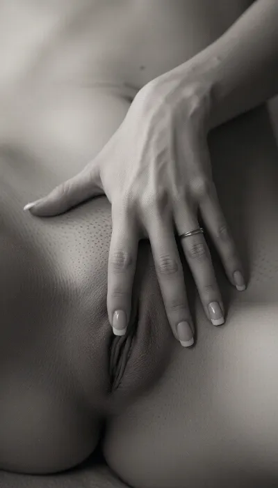 Black and white fine art nude photograph, extreme close-up of a woman’s lower torso and genital area. A soft, elegant female hand with manicured nails, (short, rounded, natural with white tips), rests gently over the pubic mound. The hand has a thin simple ring on the ring finger. Fingers are slightly spread, partially covering the vulva while still revealing the outer labia, inner folds, and a small amount of natural dark pubic hair. Soft, diffused lighting creates gentle gradients across the skin, with visible skin texture, fine pores, and subtle shadows. The composition is intimate and artistic, shot from a slightly elevated angle. The woman’s thighs frame the lower part of the image. High-contrast monochrome, grainy film-like aesthetic, elegant and sensual atmosphere. Style of contemporary fine art erotic photography, reminiscent of Mateo de la Rioja’s “La Bruma” series.