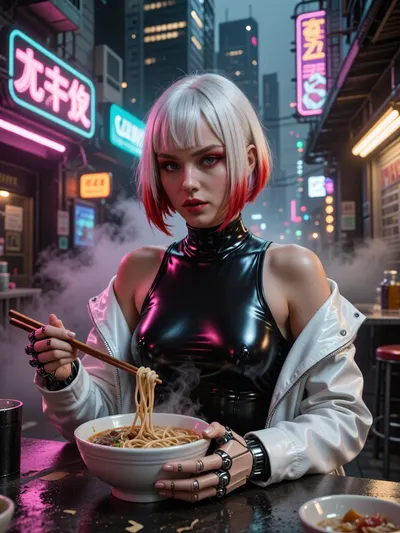 A stunning cyberpunk woman at a outdoor noodle bar in a futuristic cyberpunk street. She features a sharp, sleek bob haircut—vivid white hair transitioning into striking red tips. She has pale skin, defined by bold red eyeshadow. She sports robotic hands with subtly visible mechanical joints, holding chopsticks over a steaming bowl of noodles. She wears a crisp white jacket off her shoulders over a shiny black latex turtleneck top. The background features a blurred, vibrant cityscape overflowing with iridescent neon signs, and towering skyscrapers disappearing into a smog-filled night sky.