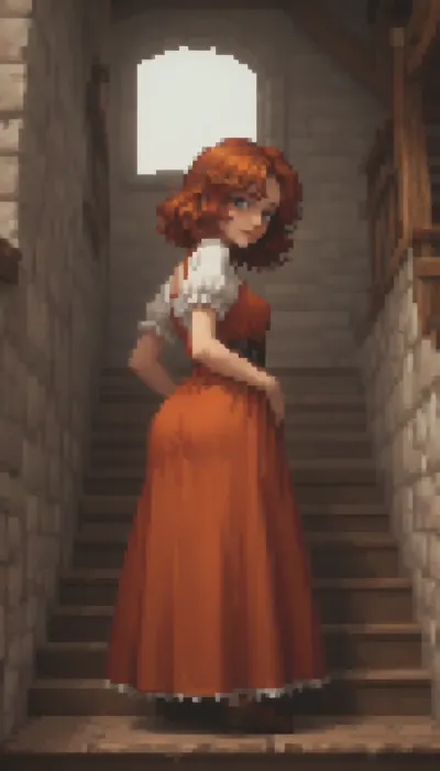 Pixel art stylized as a tired twenty‑year‑old girl, long curly red hair, green eyes, a round butt, medium breasts, average height, a tired face, she’s looking at the camera, wearing a brown medieval dress, in a tavern.

He’s climbing the stairs, and you can see his butt from below.

Retro‑style pixel aesthetic, soft halftone shades, bright colours — sprite style inspired by 16‑bit graphics, pixel art., Pixel, Art, PixArFK, <lora:PixelArtRedmond-Lite64:1.8>, <lora:pk_trainer_xl_v1:1.8>, <lora:pixel-art-xl-v1.1:1.5>