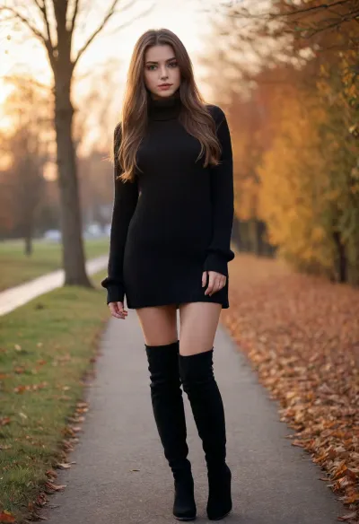 girl wearing a black mini dress up, sweater, overknee winter boots, open pussy, long hair, seductive eyes, soft lips, dynamic angle, autumn fashion, sunset
