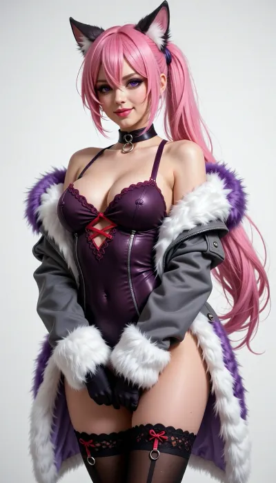 A stylized adult woman with a curvy, realistic human build and pale skin, long voluminous pink hair tied into a low side ponytail, layered bangs, and pointed animal-like ears. Her face has lifelike, balanced proportions, natural facial anatomy, and large violet eyes, with a very beautiful appearance and bold, provocative makeup, sharply defined eyeliner, dramatic lashes, rich plum eyeshadow, and vivid pink lips. She wears a playful, confident smile and faces the viewer with her shoulders slightly angled. She wears a dark choker with a small metal ring, a revealing dark plum strapless corset with red crisscross lacing at the center, and an oversized open gray jacket trimmed with thick white and lavender fur around the shoulders, sleeves, and cuffs. Black thigh-high stockings with red lace-up details and small metal rings complete the outfit, her hands are mostly hidden inside the long sleeves.

A clean, featureless white background with no visible setting or props, presented like a character illustration on a plain page.

High-quality semi-realistic digital character portraiture, with realistic facial anatomy, natural skin texture, lifelike body proportions, and convincing hair and fur detail. Retain the fantasy-fashion design while avoiding anime effects, exaggerated eyes, and stylized facial proportions. The palette centers on vivid pink hair, violet eyes, plum and charcoal clothing, pale skin, and bright white fur.

Soft, even studio-like illumination from the front, with subtle highlights across the hair, face, skin, and fur and gentle shadows defining the outfit and figure. No dramatic cast shadows or distinct environmental light source.

A vertical, full-body character portrait framed from the head to the upper thighs, viewed straight on at approximately eye level. The figure is centered against ample white negative space, with the long pink ponytail sweeping diagonally down the right side and the oversized fur-trimmed jacket forming a broad silhouette. Clean, sharp focus throughout, without noticeable depth of field or lens effects.