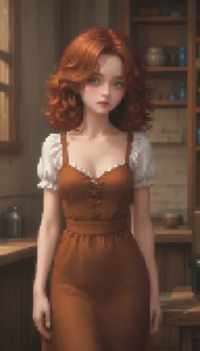 Pixel art stylized as a tired twenty‑year‑old girl, long curly red hair, green eyes, a round butt, medium breasts, average height, a tired face, she’s looking at the camera, wearing a brown medieval dress, in a tavern.

He enters the room and looks ahead.

Retro‑style pixel aesthetic, soft halftone shades, bright colours — sprite style inspired by 16‑bit graphics, pixel art., Pixel, Art, PixArFK, <lora:PixelArtRedmond-Lite64:1.8>, <lora:pk_trainer_xl_v1:1.8>, <lora:pixel-art-xl-v1.1:1.5>