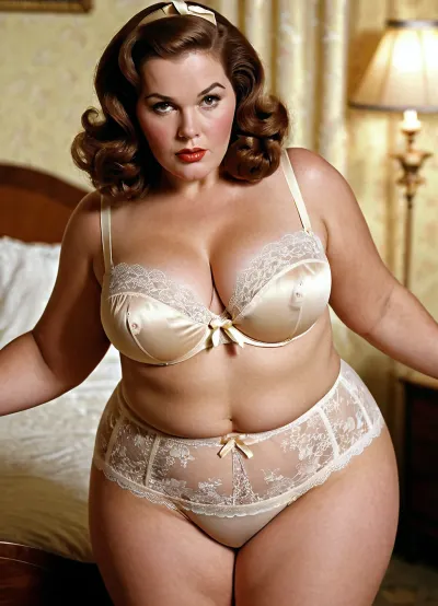 plumper 1950's mature, brown Coiffured hair tubby, big bosom and big buttocks, large lace and ribboned underwear