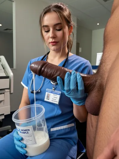 Front view, medium shot, 40mm lens, side lighting. No highlights on the nurse's skin, her skin is soft and satiny. Visual style reminiscent of the series "The Pitt." A beautiful young nurse, (20 years old), with a voluptuous body and light brown hair tied in a messy ponytail, she is wearing blue scrubs, blue latex gloves, a hospital ID badge, and a stethoscope. She is seated, looking down with a calm, focused expression while holding—with one hand—a large, long, imposing, and very shiny erect black penis, the Black man has a very large, heavy scrotum, and his potbellied torso extends out of the frame. Liters of thick white semen are dripping from the tip of the penis. In her other hand, she holds an open, clear plastic cylindrical container labeled "SEMEN SAMPLE, " which already holds a large amount of the fluid. The setting is a modern medical clinic room.