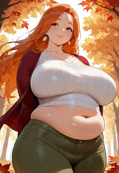 masterpiece, best quality, amazing quality, very aesthetic, absurdres, (flower background), in autumn, autumn leaves, orange hair, plump, fat belly, tubby body, mature_female, casual, wind_effect, dynamic_angle, happy, posing, soft chin, strong neck