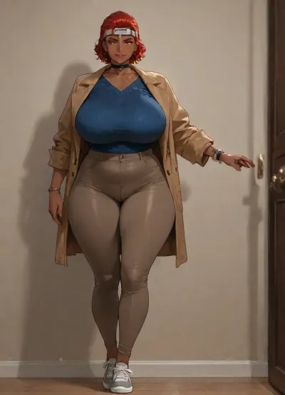 masterpiece, best quality, absurdres, newest, highres, very aesthetic, 1girl, solo, mature female, adult, older woman, short hair, wavy hair, red hair, slicked back hair, brown eyes, light brown eyes, huge breasts, fat, plump, toned, wide hips, thick thighs, soft belly, dark skin, very dark skin, warm skin, shaved, oval face, thick eyebrows, unibrow, deep-set eyes, short eyelashes, hooked nose, sharp jaw, wrinkles, crow's feet, lip spots, mole on neck, sweater, pants, coat, sneakers, blue clothes, fitted clothes, faded clothes, leather bracelet, choker, headband, wrist tattoo, shoulder blade tattoo, tongue piercing, clothes over underwear, (blue bra:.45), (blue panties:.45), (underwire bra:.35), (satin:.35), (nude trim:.25), fully clothed, underwear under clothes, standing, full body, looking at viewer, simple background, soft lighting, detailed face, detailed eyes