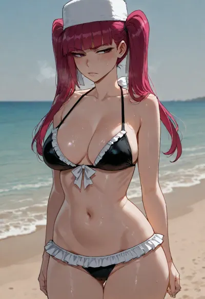 (ratatatat74), (Riruka Dokugamine from Bleach, perky medium breasts), swimsuit, (swimsuit fetish), solo, (beach background), <lora:ratatatat74-000050:2>