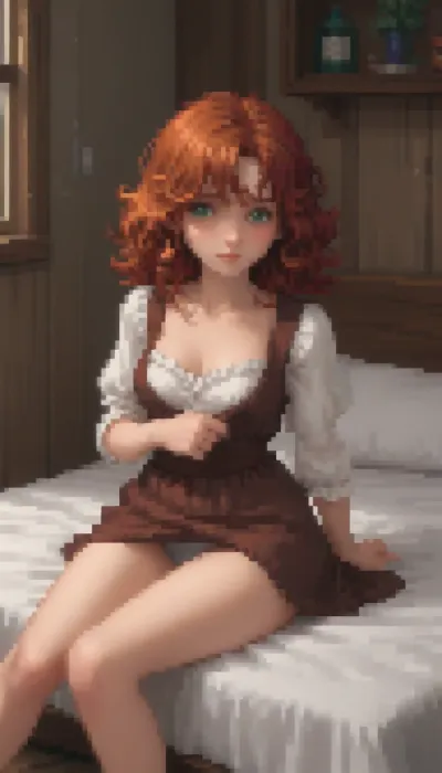 Pixel art stylized as a tired twenty‑year‑old girl, long curly red hair, green eyes, a round butt, medium breasts, average height, a tired face, wearing a brown medieval dress, in a tavern.

She is sitting on a wooden bed with her legs spread, gray panties are visible, very excited, her mouth is slightly open, her panties are wet, touching her panties with her hand, caressing herself

Retro‑style pixel aesthetic, soft halftone shades, bright colours — sprite style inspired by 16‑bit graphics, pixel art., Pixel, Art, PixArFK, <lora:PixelArtRedmond-Lite64:1.8>, <lora:pk_trainer_xl_v1:1.8>, <lora:pixel-art-xl-v1.1:1.5>