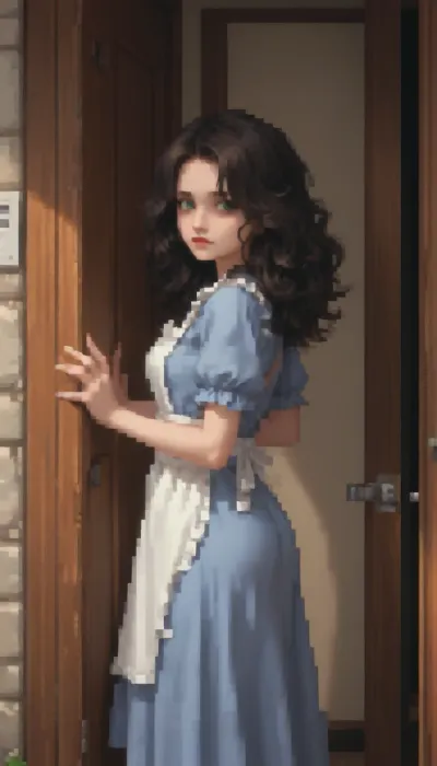 A stylized pixel art image of a tired twenty‑year‑old girl, long curly chestnut hair, green eyes, a round butt, average height, a tired face. She is looking at the camera, wearing a grey medieval dress and a white apron, standing by a wooden door in a modest pose. Retro‑style pixel aesthetic, soft halftone shades, bright colours — sprite style inspired by 16‑bit graphics, pixel art., Pixel, Art, PixArFK, ((pixelart)), pixel, art, (realistic:.4), <lora:PixelArtRedmond-Lite64:1.9>, <lora:HerrscherAGGA2024_PixelART-ULTIMATEBASE_SDXL:1.4>, <lora:pk_trainer_xl_v1:1.8>