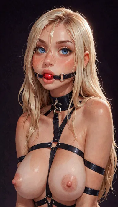 (reiq meets innv and Jack cayless art style), (Incase style), upper body, ball gag, blond hair, facing viewer, long hair, bondage outfit, bangs over eye, symmetrical eyes, snub nose, plumb lips, half-closed eyes, extremely gigantic saggy natural breasts, (very light nipples:1.6), erect puffy nipples, 1girl, solo, beautiful curves of the body, realistic detailed, deep insertion, (dark background, simple background:1.8), skin texture, futuristic-fantasy-anime, <lora:sd_xl_turbo_lora_v1-64dim:2>, <lora:futureistic_fantasy_anime_sdxl_v1:2>