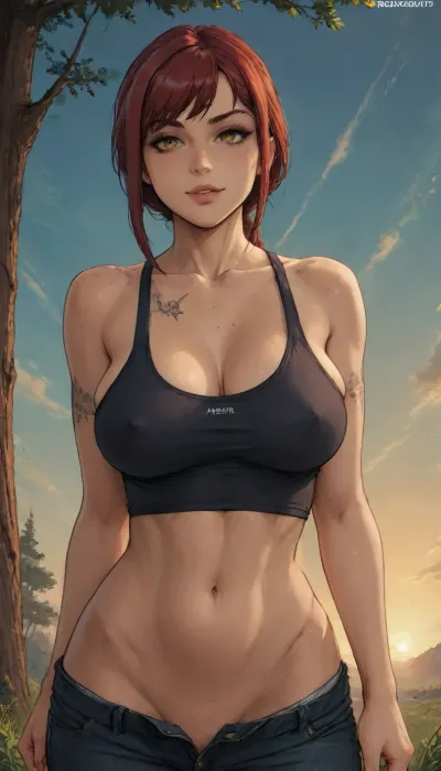 (((Melkor mancin mix gavatino mix cutesexyrobutts style))), reiq style, masterpiece, super ultra detailed, super high resolution, (perfect small details, perfect quality, ultra perfect quality, perfect detailing), lora, add-detail-xl, 2, Makima in black tanktop in field sunrise, (tanned skin:1.3), tanned skin laughing, (big round natural saggyboobs:1.3), thin waist, big hips, ratatatat74, tree, greec tattoos and Jewelry, large breasts, eyes looking at viewer, wide magical yellow eyes, galaxy in eyes, (intense blushing), steam, (unusual, pupils), (glowing, eyes), (magic), makima_\, (chainsaw_man\), red_hair, yellow_eyes, braided_ponytail, bangs, ringed_eyes, long_hair, Khaba_Babes, lineart, line, art, flat, colors, color, Moebius, (Jean, Giraud), Style, page, comic book, ohxw, ellie, tattoo, on, left, arm, <lora:lineartSDXL:.8>, <lora:Moebius (Jean Giraud) Style:.8>, <lora:EldritchComicsXL1.2:.8>, <lora:2ellie-000003:1.5>