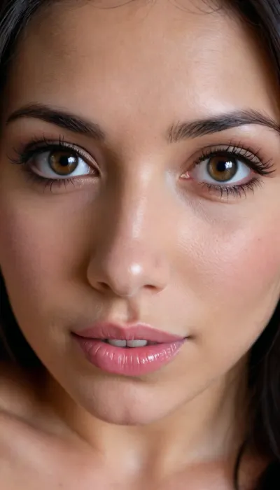 21 YEAR OLD COLUMBIA BIMBO SLUT, IN FRONT OF VIEWER, VERY EXTREMELY EXTREMELY CLOSE UP, FACE & BREASTS DIRECTLY IN VIEWERS FACE, FACE TO FACE, DIRECTLY IN FRONT OF VIEWER, LARGE BIG BOOBS, VERY CLOSE UP, BENDING FORWARD, BRIGHT FACE, VERY DARK TANNED SKIN, GOOD LIGHTING, LONG NATURAL BLACK HAIR, BIG BLACK EYES, BIG BIMBO LIPS, SMILING, SLUT, PERFECT FACE