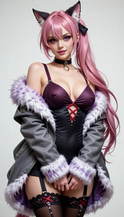 A stylized adult woman with a curvy, realistic human build and pale skin, long voluminous pink hair tied into a low side ponytail, layered bangs, and pointed animal-like ears. Her face has lifelike, balanced proportions, natural facial anatomy, and large violet eyes, with a very beautiful appearance and bold, provocative makeup, sharply defined eyeliner, dramatic lashes, rich plum eyeshadow, and vivid pink lips. She wears a playful, confident smile and faces the viewer with her shoulders slightly angled. She wears a dark choker with a small metal ring, a revealing dark plum strapless corset with red crisscross lacing at the center, and an oversized open gray jacket trimmed with thick white and lavender fur around the shoulders, sleeves, and cuffs. Black thigh-high stockings with red lace-up details and small metal rings complete the outfit, her hands are mostly hidden inside the long sleeves.

A clean, featureless white background with no visible setting or props, presented like a character illustration on a plain page.

High-quality semi-realistic digital character portraiture, with realistic facial anatomy, natural skin texture, lifelike body proportions, and convincing hair and fur detail. Retain the fantasy-fashion design while avoiding anime effects, exaggerated eyes, and stylized facial proportions. The palette centers on vivid pink hair, violet eyes, plum and charcoal clothing, pale skin, and bright white fur.

Soft, even studio-like illumination from the front, with subtle highlights across the hair, face, skin, and fur and gentle shadows defining the outfit and figure. No dramatic cast shadows or distinct environmental light source.

A vertical, full-body character portrait framed from the head to the upper thighs, viewed straight on at approximately eye level. The figure is centered against ample white negative space, with the long pink ponytail sweeping diagonally down the right side and the oversized fur-trimmed jacket forming a broad silhouette. Clean, sharp focus throughout, without noticeable depth of field or lens effects.