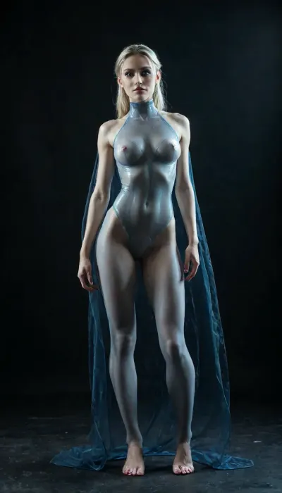 (hyper-realistic cinematic close-up), 19-year-old sci-fi maiden, slender 5'8" athletic build, (pale porcelain silky smooth skin), cascading very long white hair flowing like liquid silver, (massive doe-eyed cyan irises), sharp focus, intricate black and purple avant-garde galactic makeup, (huge soft naturally weighted pendulous breasts), large pink areolas, futuristic translucent synth-fabric attire, moody cyberpunk interior, floating holographic interfaces, dim atmospheric lighting, (deep purple and electric cyan neon accents), soft volumetric fog, 3D lighting, depth of field, bokeh background of a futuristic megalopolis, captured with a Provia camera, 24mm, f1.8, dark cinematic mood, high contrast shadows, cool color palette, 8K resolution, HDR, ultra-detailed skin texture, hyper-realistic, masterwork, highly detailed render candid photo, highly detailed, intricate fine detail, rich detail in the background, shot on Kodak Portra 400 35mm film, natural film grain, soft natural light, documentary photography, realistic photo, intricate surface texture, fine detail in every element, rich material detail, crisp edges, intense HDR effect, ultra high contrast, vivid color saturation, dramatic shadows and highlights, dreamy soft glow, ethereal bloom effect, overexposed pastel haze, gentle luminous atmosphere, full body shot, head to toe visible, complete character framing