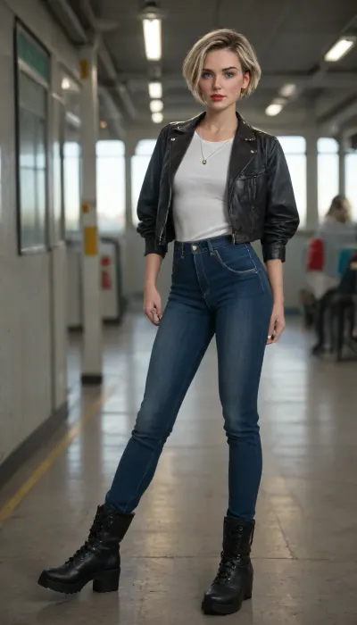 woman, 18 years old, girl, leather jacket, jeans, black hair, pixie haircut, blue eyes, red lipstickgrunge style, blonde, bob, skinny, e body, standing, Business, secretary, black leggings, blushes, looks at the viewer, freckles, platform boots, hyper-disassembly, bus scene, hyperrealistic background details, volumetric lighting, hairline details, expressiveness, accent on the face, textured skin, spectacular lighting, eye lighting, full body image, the whole body in the frame, legs and head are visible to the viewer