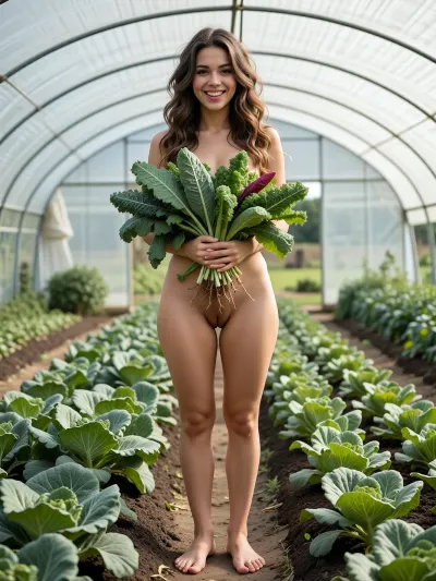 A young woman with long, wavy brown hair, smiling broadly at the camera, standing barefoot and nude, holding a large bunch of fresh green kale and other leafy vegetables with roots in her hands, positioned centrally.
Her vagina is full presented. The setting is inside a large greenhouse or polytunnel with a curved, translucent roof structure visible overhead, extending into the background. Rows of lush green leafy plants, possibly kale or cabbage, are neatly planted in dark soil beds on either side of a narrow dirt path where the woman stands. The background shows more greenery and a hint of an outdoor landscape beyond the greenhouse structure.

Natural, soft daylight illuminates the scene, creating gentle shadows and highlighting the textures of the plants and the woman's skin. The overall mood is fresh, natural, and joyful.

Full body shot, eye-level perspective, captured with a wide aperture to create a shallow depth of field, blurring the background slightly while keeping the woman and the foreground plants in sharp focus. Photorealistic style, high detail, vibrant natural colors, 8K resolution.
