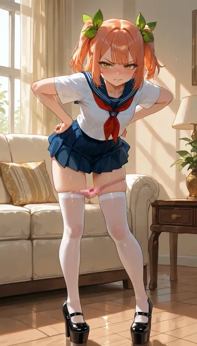 solo, Legs wide, (medium breast), living room, full-length view, manicure, petite build, (young:1.6), calm and focused, extremely high platform heels, stockings, school uniform, skirt, (tiptoe), (She leaned forward to scold me, looking me in the eye with a hurt expression, her hands on her hips), (holds the panties she’s taken off in her hand), Angry, looking straight ahead, horny clitoris, cute little buds are standing quite tall