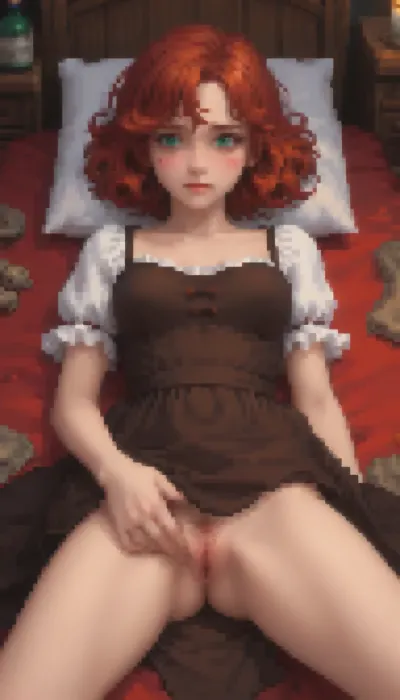 Pixel art stylized as a tired twenty‑year‑old girl, long curly red hair, green eyes, a round butt, medium breasts, average height, a tired face, wearing a brown medieval dress, in a tavern.

Lying on a wooden bed, the light from a candle, her legs spread apart, the dress is lifted, revealing her hairy pussy, the juice is flowing from it. She blushes and gets aroused, opening her mouth.

Retro‑style pixel aesthetic, soft halftone shades, bright colours — sprite style inspired by 16‑bit graphics, pixel art., Pixel, Art, PixArFK, <lora:PixelArtRedmond-Lite64:1.8>, <lora:pk_trainer_xl_v1:1.8>, <lora:pixel-art-xl-v1.1:1.5>
