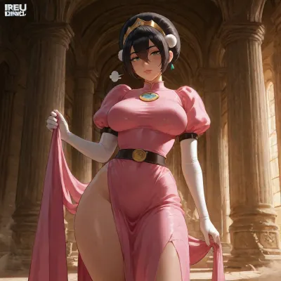 (masterpiece:1.4), best quality, absurdres, extremely detailed, (Toph Beifong from "Avatar, The Last Airbender":1.5), short black hair, pale skin, green eyes, muscular body with full breasts, (Princess Peach dress:1.4), long pink ballgown with puffy sleeves, magenta panniers at the waist, high collar, white gloves, golden crown, blue earrings, elegant flowing fabric, standing with one hand on a stone pillar, body in a relaxed contrapposto, other hand resting on her thigh, (ancient earth kingdom temple interior:1.3), shafts of light through cracks, dust in the air, stone carvings, (art by reiq:1.3), (unreal engine 5 render:1.4)