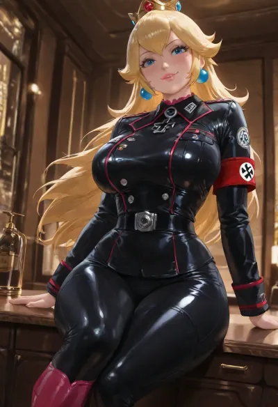 (masterpiece:1.4), best quality, absurdres, extremely detailed, (Princess Peach:1.5), long blonde hair with center triangular bang neat, blue eyes half-lidded, fair skin, soft pink lips slightly parted, elegant princess face, golden crown with red and blue jewels, voluptuous classic pin-up body with massive heavy breasts, soft thick waist, wide hips, thick thighs, (full black leather Nazi uniform with red armband:1.5), form-fitting pink leather tunic and trousers, high stiff collar with rank tabs, polished pink leather belt and cross-strap, tall pink leather boots, iconic bright red armband with white circle and black swastika on the left upper arm, glossy leather texture that catches the light and clings tightly to the body, (smug dominant expression:1.3), raised eyebrow, half-smile, looking down at viewer, (sitting on counter:1.3), legs dangling slightly apart, one hand resting on her thigh, posture elegant and controlled, (luxury hotel room:1.2), large bed, city view through windows, elegant warm lighting, (art by sakimichan:1.3), (unreal engine 5 render:1.4)