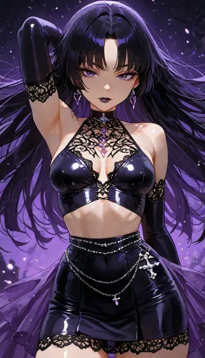 (((big perfect anime eyes:1))), black lipstick, 25 year old Filipina, ((dynamic pose portrait)), petite athletic toned firm body, purple goth badass witch, ethereal whimsy aesthetic, short nano skirt, goth lace and satin, <lora:add-detail-xl:1.2>, <lora:attractive_notrigger:1.2>, <lora:detailed_notrigger:1.2>, <lora:LCMTurboMix_Euler_A_fix:1.2>