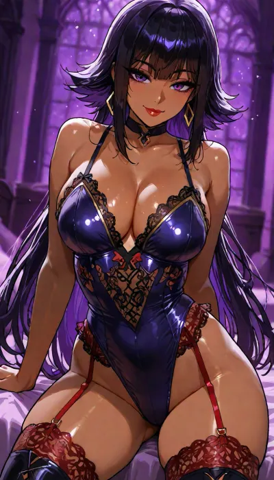 Melkor mancin meet markgavatino style, (((beautiful bright purple big anime eyes))), slut ready to fuck, Dark Purple eyeliner, long eye lashes, red lipstick, 25 years old cutie, (short petite height with medium cleavage), ((purple background, lurid neon blurry background, lounge)), hair with bright highlights, warm strong lighting, red garter stockings, thick long boots, mischievous smile, (((big beautiful anime eyes:1.2))), lipstick, make-up, glitter, dark eye liner, ((long lashes)), 25 year old Filipina witch, dynamic pose portrait, petite athletic toned firm body, bright purple blue, ethereal whimsy aesthetic, lace and satin lingerie, <lora:add-detail-xl:1.2>, <lora:attractive_notrigger:1.2>, <lora:detailed_notrigger:1.2>, <lora:LCMTurboMix_Euler_A_fix:1.2>, cute smile, stockings, starry dark background, dark hair, dark skin