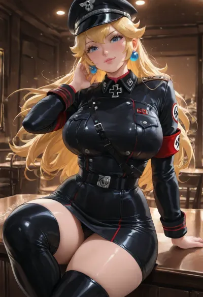 (masterpiece:1.4), best quality, absurdres, extremely detailed, (Princess Peach:1.5), long blonde hair with center triangular bang neat, blue eyes half-lidded, fair skin, soft pink lips slightly parted, elegant princess face, golden crown with red and blue jewels, voluptuous classic pin-up body with massive heavy breasts, soft thick waist, wide hips, thick thighs, (full black leather Nazi uniform with red armband:1.5), form-fitting black leather tunic and trousers, high stiff collar with rank tabs, polished black leather belt and cross-strap, tall black leather boots, iconic bright red armband with white circle and black swastika on the left upper arm, glossy leather texture that catches the light and clings tightly to the body, (smug dominant expression:1.3), raised eyebrow, half-smile, looking down at viewer, (sitting on counter:1.3), legs dangling slightly apart, one hand resting on her thigh, posture elegant and controlled, (luxury hotel room:1.2), large bed, city view through windows, elegant warm lighting, (art by sakimichan:1.3), (unreal engine 5 render:1.4)