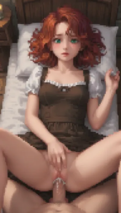 Pixel art stylized as a tired twenty‑year‑old girl, long curly red hair, green eyes, a round butt, medium breasts, wearing a brown medieval dress, in a tavern.

She is lying on a wooden bed, illuminated by a candle, with her legs spread, wearing a dress that has been lifted up, exposing her hairy pussy, from which moisture is oozing. She blushes and gets aroused, closes her eyes, moans with pleasure, opens her mouth, vaginal sex in the missionary position, the man is fucking her, the man’s penis is in her pussy, a large penis, rough sex, splashes, a wet pussy, ejaculation is flowing from the pussy.

Retro‑style pixel aesthetic, bright colours — sprite style inspired by 16‑bit graphics, pixel art., Pixel, Art, PixArFK, <lora:PixelArtRedmond-Lite64:1.8>, <lora:pk_trainer_xl_v1:1.8>, <lora:pixel-art-xl-v1.1:1.5>