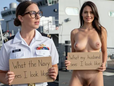 side-by-side two pictures of one sexy 32-year-old woman US Navy officer, brown hair, on a modern warship. On the first picture on the left she has her hair in a low bun, wears tortoise reader glasses, wears an authentic, realistic US Navy officer's white uniform and holds a handmade sign with text "What the Navy sees I look like". Her name plate has SLUT as her name. On the second picture on the right, the same woman is naked, nude, her hair is loose, visible nipples and hairy pube, standing and holding a handmade sign with text "What my husband sees I look like".