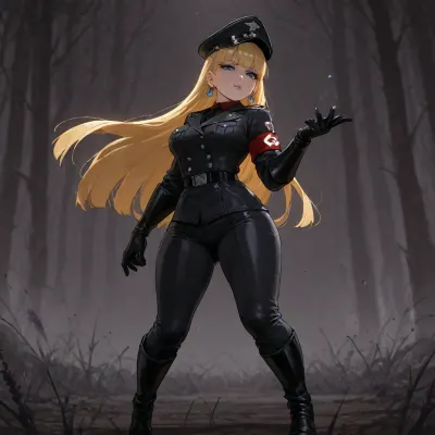 (Pacifica Northwest from Gravity Falls:1.6), long beach blonde hair with bell-shaped bangs, dark blue eyes, heavy purple eyeshadow, pale skin, lavender hoop earrings, wearing a full black leather Nazi-style uniform with peaked cap, tailored black leather tunic and trousers, black leather gloves, black knee-high leather boots, iconic red armband with white circle and black swastika on the left upper arm