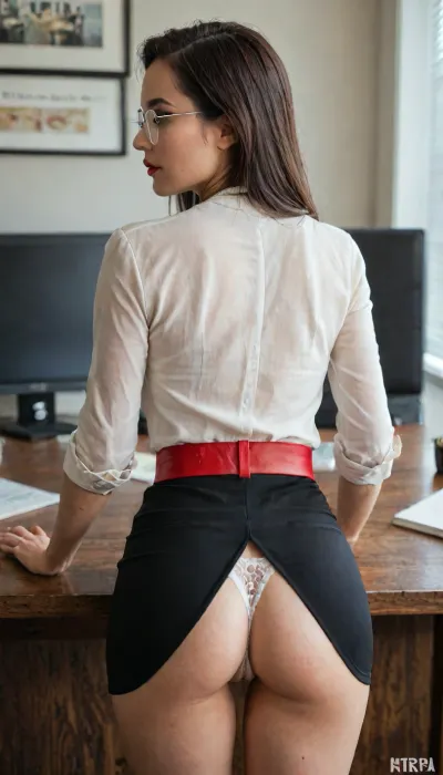 shameless, solo 1girl, crowded office, (slim body, Ultra detailed clothing, focus on clothes), (back view, from being:1.4), necklace, realistic, Sexy beautiful young woman, transparent glasses with thin metal frames, tall skinny, (red belt), (white blouse), (white crotchless panties:1.3), (black leather crotchless pants:1), ((hands on table)), bent over office table, Raw photo, tall face, dimples, very black hair, smoothed and shiny, extra detail, high facial detail, ultra eye detail, ultra hair detail, shiny well-groomed hair, neat breasts, Ultra-realistic skin, narrow waist, lipstick pale beige gloss, (detailed eyes:1.3), looking at viewer, ultra finger detailing, red lips., Mia Khalifa, bncbchmp, <lora:bncbchmp -000007:.5>, <lora:LCMTurboMix_Euler_A_fix:.8>