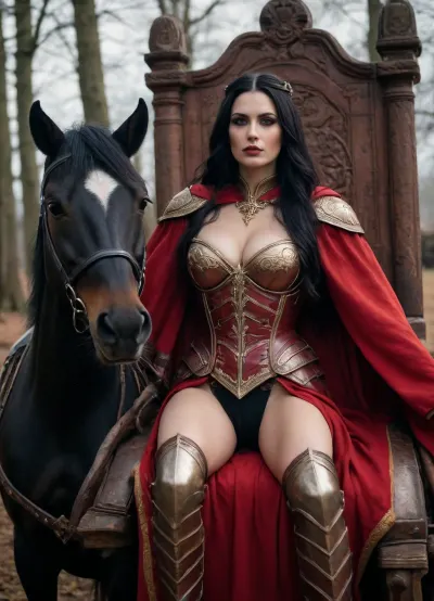Queen, woman, old 60yrs, sat on big throne, wooden, carvings, Long black hair, heavy red gothic makeup, beautiful face, big breasts, gg cup, wearing brown shiny armour, red cape, holding broadsword, (1.6), standing in chariot, roman style, red firy wheels, dark oak frame, pulled by 4 wild horses, black