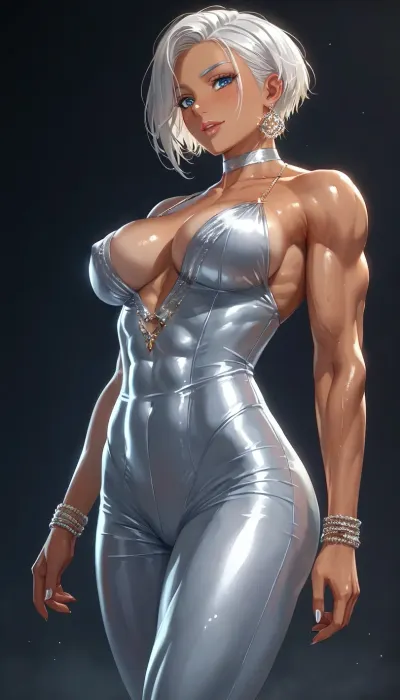 Anissa from invincible jumping from destroyed street, the half-body portrait of chaotic-neutral female-Viltrumite bodybuilder, absurdly beautiful, athletic bodyshape, elegant, (very muscular torso), tall v-shaped bodyshape, tan skinned, muscled, (short black-hair), (striking blue-eye), an ultrafine hyperdetailed illustration, skintight grey Viltrumite bodysuit, unreal engine 5 highly rendered, global illumination, radiant light, detailed and intricate environment, drawing, Anissa1024, muscular, woman, huge, breasts, massive