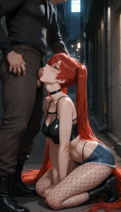Original character, named Daisy, (photo realistic), (masterpiece), (high resolution), (maximum detail), (score_9), Latina, 18, ((petite)), toned body, narrow face, beautiful face, detailed face, natural light makeup, green eyes, almond shaped eyes, ((freckles on face)), ((excessively long red hair in twin tails)), ((hyper long red hair)), ((hair goes past her knees)), natural large breasts, ((freckles on breasts)), (in an alley, at night, dark, lit by streetlights), ((mesh fishnet top, extra short denim shorts, thong, fishnet leggings, combat boots, thin black leather choker)), ((kneeling in front of a man)), ((forced deepthroat, blowjob, gagging, tongue out, slight throat bulge)), ((full scene view from the side, view showing the side of the women))