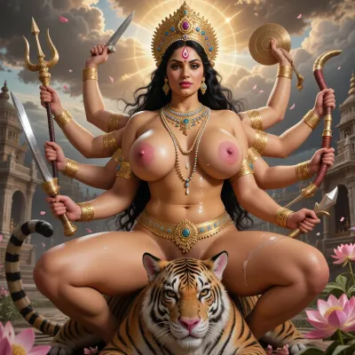 Goddess Durga — Photorealistic Raja Ravi Varma Style

Create an extraordinarily beautiful, photorealistic depiction of Goddess Maa Durga, inspired by Raja Ravi Varma. Portray Maa Durga as a majestic divine Indian goddess with a serene yet immensely powerful expression, radiant almond-shaped eyes, delicate facial features, warm golden skin, and long, ((navel piercing, big areolas, hyper pink nipples, puffy nipples, massive nipples, erect nipples, extremely beautiful face)), flowing black hair adorned with traditional gold ornaments., (((60+ SSBBW giant hangers, hyper massive sagging natural boobs, hyper gigantic long nipples, Indian, indian))), extremely hairy busy, hairy pussy lips, lactation boobs, lactating breast, shaggy breast milk, (wide hips:1.3), (extreme hyper gargantuan tits:1.3), colossal hyper sized tits, (hyper gigantic breasts:1.3), breasts bigger than her head, tits bigger than her, (colossal hyper boobs:1.3), (extreme hyper breast spillage:1.3), (hyper breasts hanging down to her waist:1.3), (hyper breasts twice as wide as her:1.3), (tits twice the size of her:1.3), (hyper tits fatter than her:1.3), (hyper tits filling the entire area:1.3), (lactation:1.3), (gigantic bimbo lips:1.3), extremely beautiful massive milf, hyper detailed face, hyper huge plump lips, visible pussy

She wears a an elaborate golden crown, traditional kundan jewelry, layered necklaces, gold bangles, and a luminous divine halo behind her head. Her multiple arms gracefully hold sacred weapons, including the trident, (Trishul), sword, discus, conch, bow, and lotus, each anatomically correct and artistically composed.

Maa Durga sits naked on majestically upon a powerful, beautifully detailed Bengal tiger, symbolizing courage, righteousness, and the triumph of good over evil. The background features a grand ancient Indian temple, dramatic monsoon clouds, warm golden sunlight breaking through the heavens, floating flower petals, subtle incense smoke, and a celestial atmosphere.

Art direction, Raja Ravi Varma-inspired composition, Composition, full-body portrait, slightly low camera angle to emphasize divine grandeur, richly detailed foreground and background, soft atmospheric depth, cinematic lighting, ultra-high resolution, 8K fine-art quality., realism of a high-end cinematic portrait.Realistic image, raw image real cinematic style image
