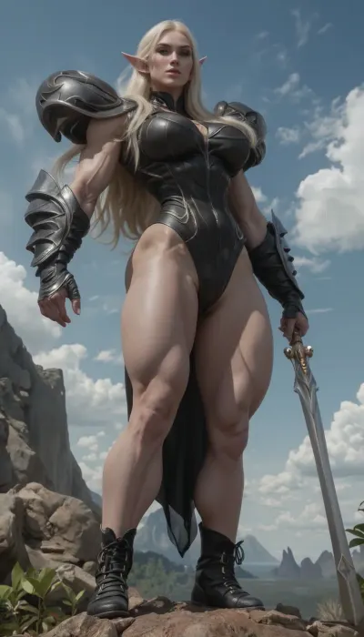 A tall adult elf-woman with pale skin and very long ears, very long long legs, very long platinum blonde hair, and very long pointed elven ears as observed from Picture 2, her prestine dress covers her enormous silicone-enhanced torso, wearing a black dress with a high slit that reveals her exceptionally long, muscular, and perfectly toned legs. She stands on a rocky bluff overlooking a vast prehistoric landscape, her slender and strong figure poised in a silent, agile stance. her platform-boots are extremly high. Filigree details etched in boots. Her expression is calm and stoic, gazing forward with focused intent as she surveys the terrain., ((She is fully clothed, her body upright and balanced effortlessly on the uneven ground.)), Her hands are relaxed at her sides, not holding any weapon. Her hyper-elongated legs are firmly planted while she kneels, showcasing the physical prowess of an apex predator, with her posture reflecting silent readiness and immense power held in reserve.

The setting is a primeval wilderness with wind-scoured rocky bluffs veined with iron deposits, dense fern meadows, and a shallow lagoon in the distance. Steam rises from blackwater swamps, and a colony of pterosaurs wheels high in the blue sky against white clouds. The environment is lush and untamed, filled with the textures of ancient flora and rugged stone.

Bright, natural daylight illuminates the scene with a clear, sharp quality, casting distinct shadows that define the contours of the rocks and the woman's slender physique. The camera captures a wide, cinematic full-body shot from a low angle that emphasizes her towering height and the vastness of the prehistoric world. Photorealistic drawing, indirect light, 32K, intricate details, supreme render, octane-engine, ambient occlusion, detailed skin, realistic, complex render, perfect contrast., (very long muscular legs:1.8), (Elven ears), millyalc, <lora:Microwaist_XL_v01:.8>, <lora:SDXL_MassiveCowsLoRA_v1:1.2>, <lora:sdxl_millyalc_v1:2>