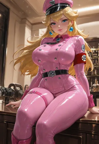 (masterpiece:1.4), best quality, absurdres, extremely detailed, (Princess Peach:1.5), long blonde hair with center triangular bang neat, blue eyes half-lidded, fair skin, soft pink lips slightly parted, elegant princess face, golden crown with red and blue jewels, voluptuous classic pin-up body with massive heavy breasts, soft thick waist, wide hips, thick thighs, (full pink leather Nazi uniform with red armband:1.5), form-fitting pink leather tunic and trousers, high stiff collar with rank tabs, polished pink leather belt and cross-strap, tall pink leather boots, iconic bright red armband with white circle and black swastika on the left upper arm, glossy leather texture that catches the light and clings tightly to the body, (smug dominant expression:1.3), raised eyebrow, half-smile, looking down at viewer, (sitting on counter:1.3), legs dangling slightly apart, one hand resting on her thigh, posture elegant and controlled, (luxury hotel room:1.2), large bed, city view through windows, elegant warm lighting, (art by sakimichan:1.3), (unreal engine 5 render:1.4), <lora:cfg_scale_boost:.8>