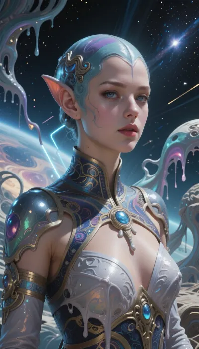 dreamlike surreal imagery of A professional illustration combining traditional artistic principles with digital tools. The image features A young woman from another galaxy, medium close-up, wearing beautiful alien attire, with an alien appearance. as the central subject. The lighting is dynamic lighting enhances the mood and draws attention to key elements. Leading lines and strategic placement draw the viewer's attention to the focal point. The color palette features the color scheme creates a cohesive and visually striking aesthetic. Background elements are carefully designed to support the main subject. The textures are varied surface treatments create visual interest and depth. A sense of epic scale and grandeur permeates the scene. Subtle details in the background add richness and depth. The artwork is a testament to the artist's skill and creative vision., fantastical elements, bizarre scenes, symbolic, melting forms, dreamlike atmosphere, whimsical and bizarre imagery, soft painted detail