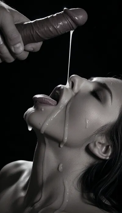 Black and white close-up photograph, dramatic high-contrast lighting, pure black background. A woman with her head tilted far back, eyes half-closed in ecstasy, mouth wide open, tongue slightly visible. Thick strands and droplets of semen cover her face, lips, chin and drip from her open mouth down her neck. Above her face a man’s hand firmly grips a thick, veiny, glistening erect penis, tip pointed downward, a long thin strand of semen hanging and dripping from the glans toward her open mouth. Extreme detail on skin texture, wet sheen, droplets, and the texture of the penis. Cinematic, raw, explicit, photorealistic, no text, no watermarks, no UI elements.