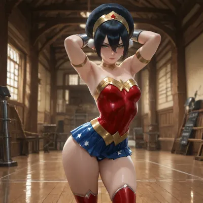 (masterpiece:1.4), best quality, absurdres, extremely detailed, solo, (Toph Beifong from "Avatar, The Last Airbender":1.5), short black hair, pale skin, green eyes, muscular compact build, (Wonder Woman cosplay:1.55), tight red and gold armored bodice with gold eagle emblem, blue skirt with white stars, red boots, gold tiara, (defiant glare:1.3), (archiving back standing:1.3), chest pushed forward, hands behind head, (empty gym:1.2), (art by sakimichan:1.3), (blender cycles render:1.3)