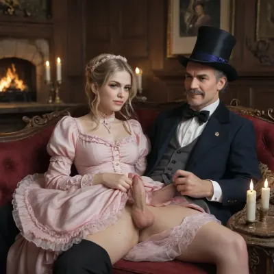 FUTANARI old woman, 50 years old, small cock, wearing pale pink victorian dress, long blonde hair, Green eyes, pulled aside, showing small cock, big balls drooping, lying on a long sofa, in victorian room, white wlls, candles on walls, fireplace, log fire, clock on mantle piece, Victorian man looking at her, smiling, black hair, brown eyes, scowling face, mustache, dark blue victorian coat, long, top hat in his hand