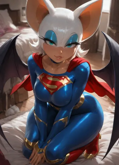 (masterpiece:1.4), best quality, absurdres, extremely detailed, (Rouge the Bat from "Sonic the Hedgehog":1.55), white fur, large bat ears, large breasts, wide hips, massive round ass, (Supergirl cosplay:1.55), tight blue suit with red cape, yellow skirt, red boots, gold S shield, (seductive expression:1.3), (on knees:1.3), looking up, (messy bedroom:1.2), (art by sakimichan:1.3), (blender cycles render:1.3)