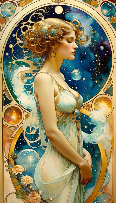 Art nouveau painting, woman as primordial glass deity, hair made of smoke, forging spiral galaxies in glass orbs, Alphonse Mucha style watercolor, decorative and floral, Klimt gold ornamental accents, a, painting, of, in, the, style, Alphonse Mucha, <lora:MJ52:.8>